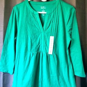 Croft & Barrow green 3/4 sleeve cotton tunic shirt with pin-tuck detail. NWT